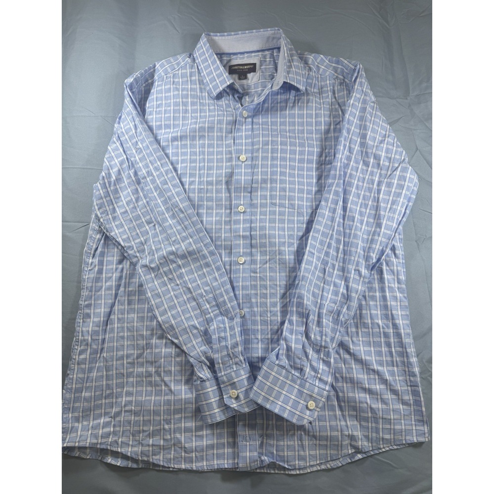 Johnston & Murphy Men's Blue & White Plaid Long Sleeve Button Up Shirt Size L